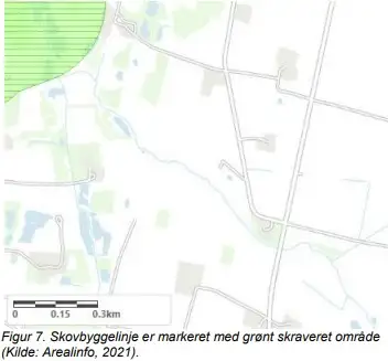 Figur 7. Skovbyggelinje er markeret med gr&oslash;nt skraveret omr&aring;de (Kilde: Arealinfo, 2021).