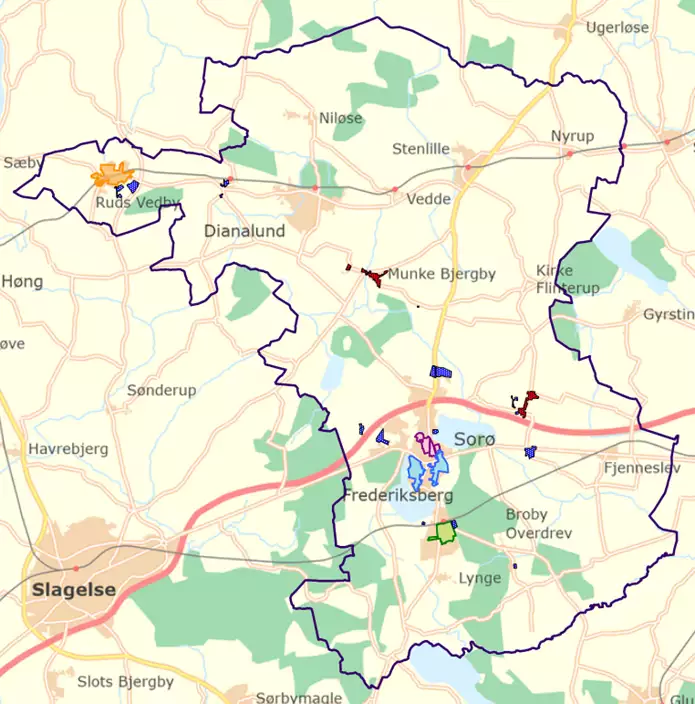 Kortet viser hvor i Sor&oslash; Kommune kloakseparering er planlagt i perioden 2020-34
